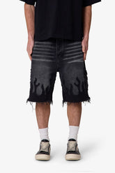 MNML - Baggy Flame Denim Shorts - Black