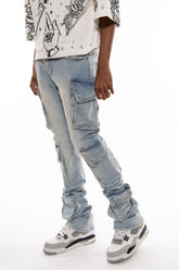 VICIOUS- MULTI CARGO STUDDED FLARE DENIM LIGHT BLUE