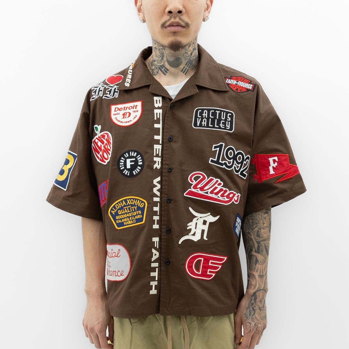 FAITH & FIGURES- Way Too Many Patches Chocolate Shirt