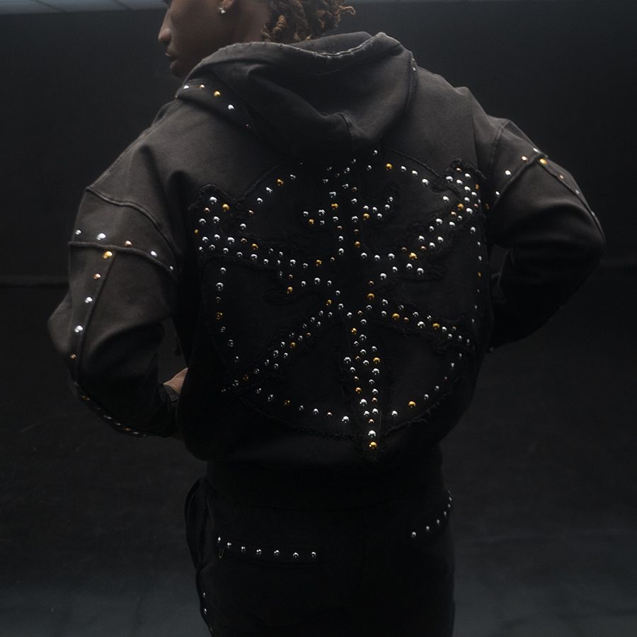 HUDSON- STUDDED FLEECE OVERSIZED HOODY BLACK