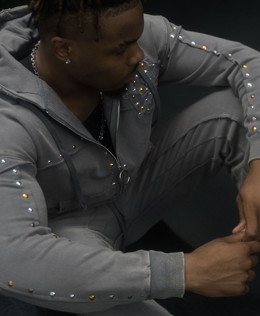 HUDSON- STUDDED FLEECE OVERSIZED HOODY GREY