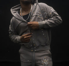 HUDSON- STUDDED FLEECE OVERSIZED HOODY GREY