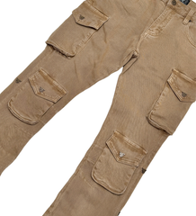 V DENIM - MULTI CARGO FLARE JEANS W/ METAL RIVET DETAIL (VC678 KHAKI)