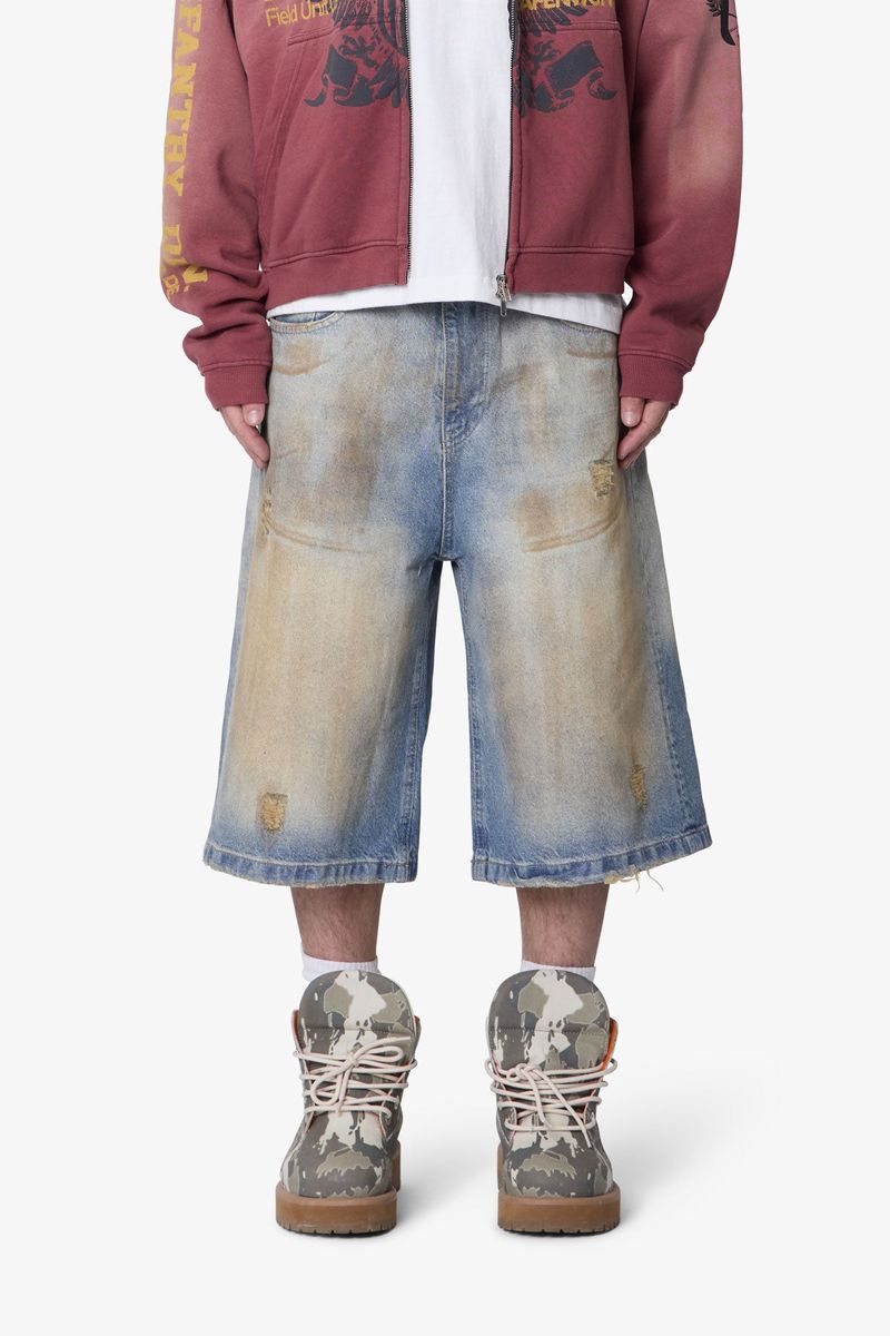 MNML - Ultra Baggy Dirty Denim Shorts - Washed