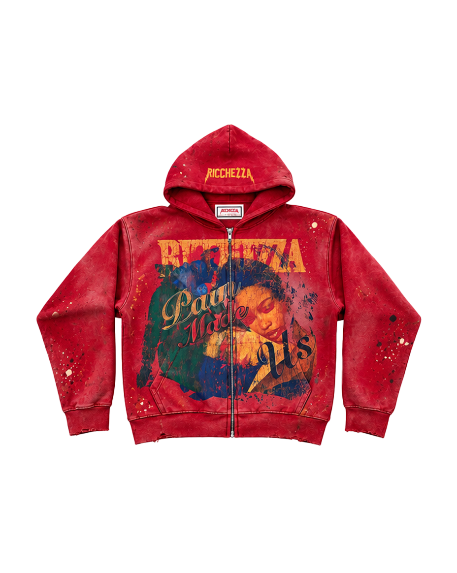RICCHEEZA - Pain 2 Ricchezza" Washed ZipUp - RED