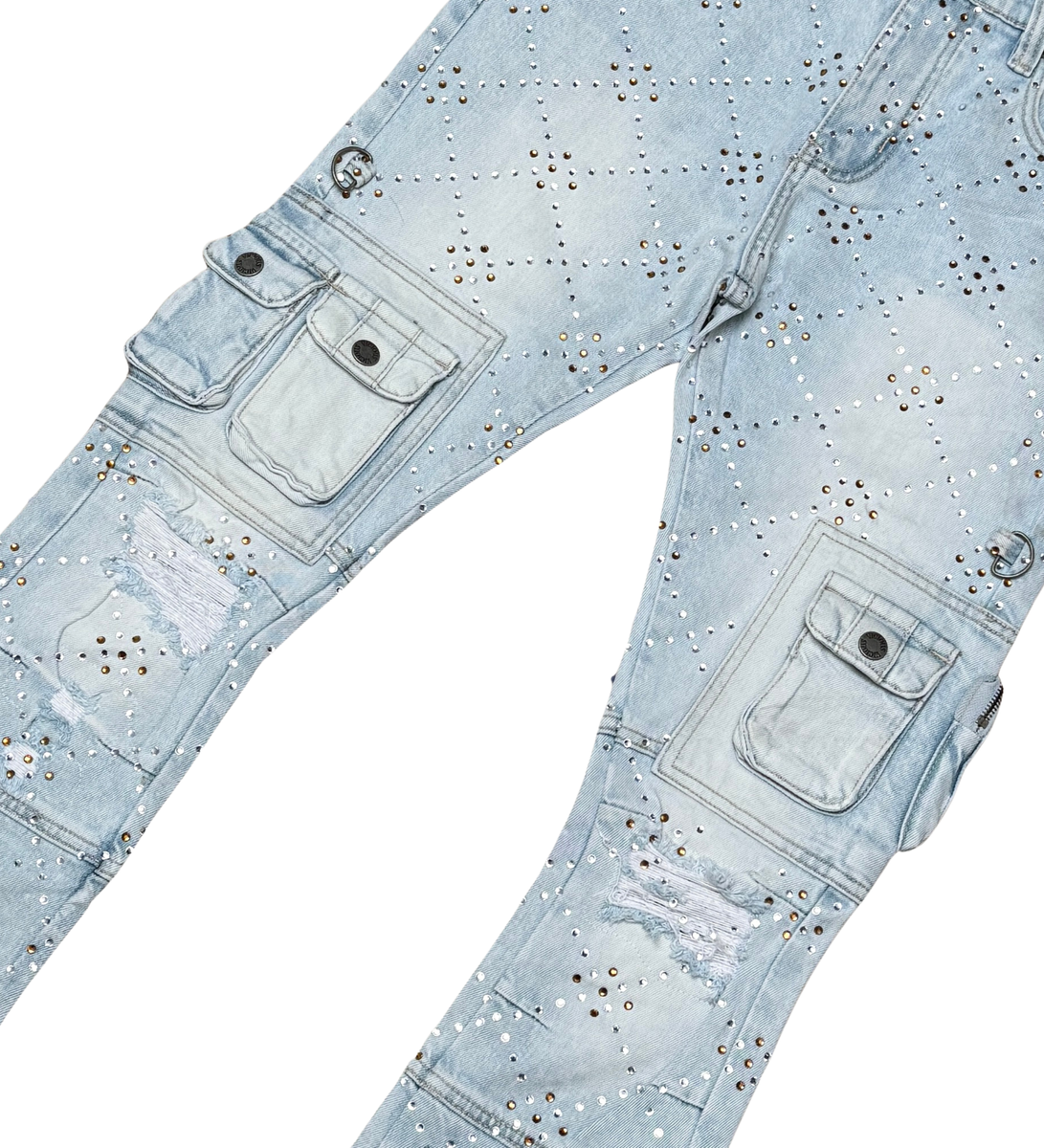 V DENIM - TWO TONE RHINESTONE MULTI CARGO FLARE DENIM