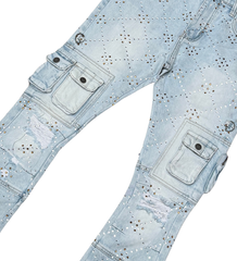 V DENIM - TWO TONE RHINESTONE MULTI CARGO FLARE DENIM