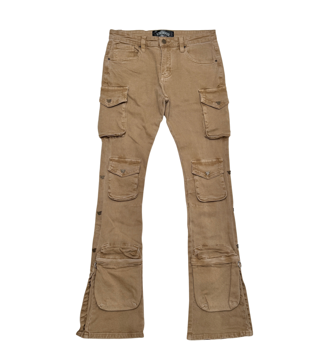 V DENIM - MULTI CARGO FLARE JEANS W/ METAL RIVET DETAIL (VC678 KHAKI)
