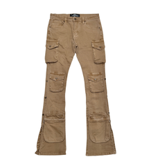 V DENIM - MULTI CARGO FLARE JEANS W/ METAL RIVET DETAIL (VC678 KHAKI)