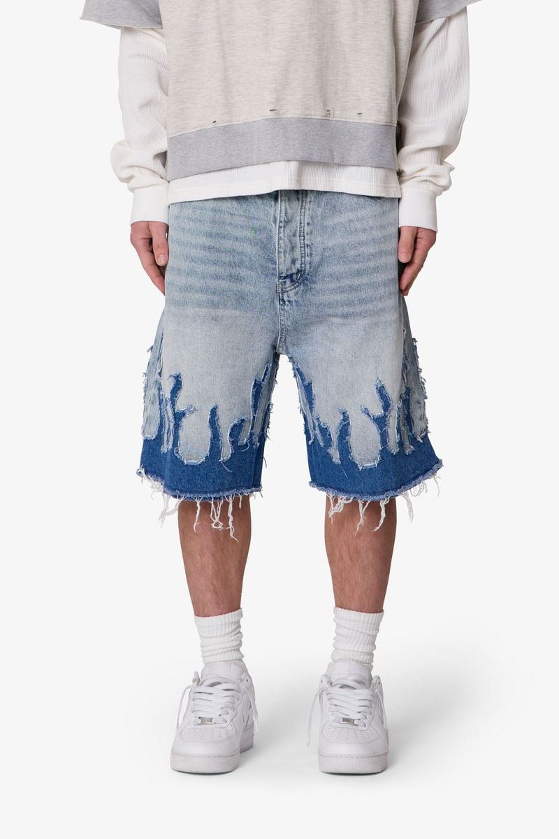 MNML - Baggy Flame Denim Shorts - Blue