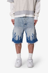 MNML - Baggy Flame Denim Shorts - Blue