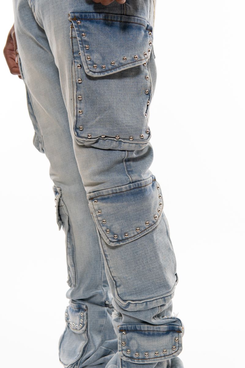 VICIOUS- MULTI CARGO STUDDED FLARE DENIM LIGHT BLUE