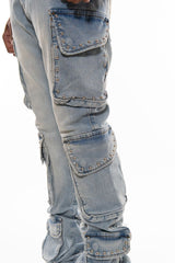 VICIOUS- MULTI CARGO STUDDED FLARE DENIM LIGHT BLUE