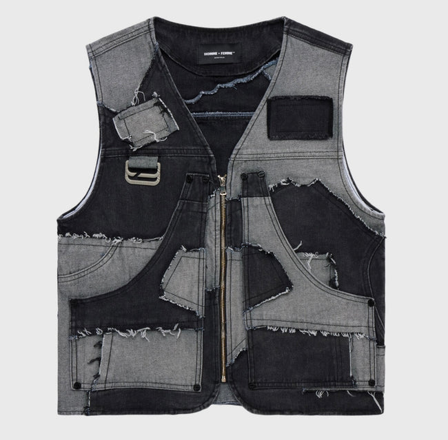 HOMME FEMME - Patchwork Denim Vest - BLACK