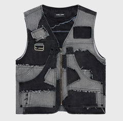 HOMME FEMME - Patchwork Denim Vest - BLACK