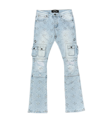 V DENIM - TWO TONE RHINESTONE MULTI CARGO FLARE DENIM