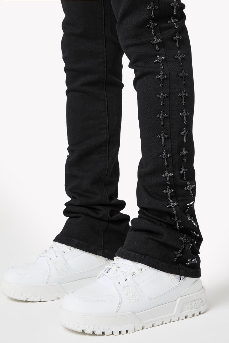 GUAPI - All Black Crosses Embellished Denim