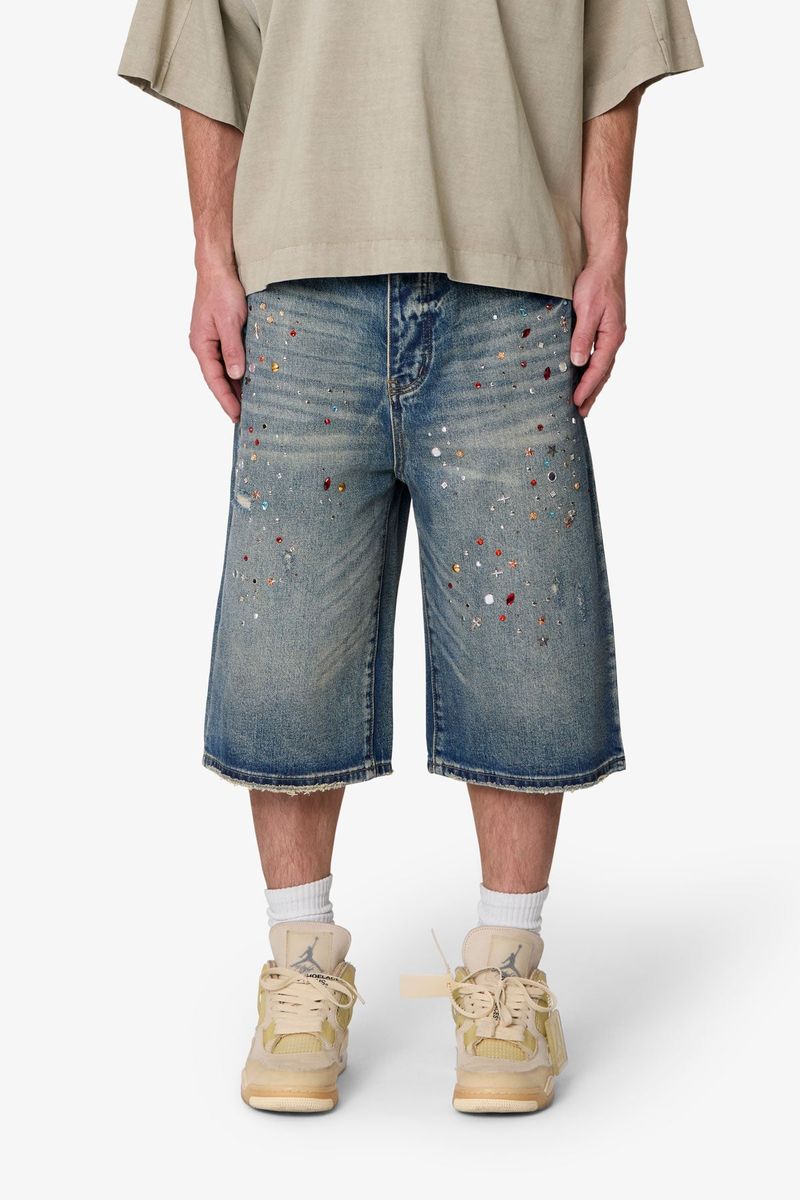 MNML - Ultra Baggy Crystal Denim Shorts - Blue