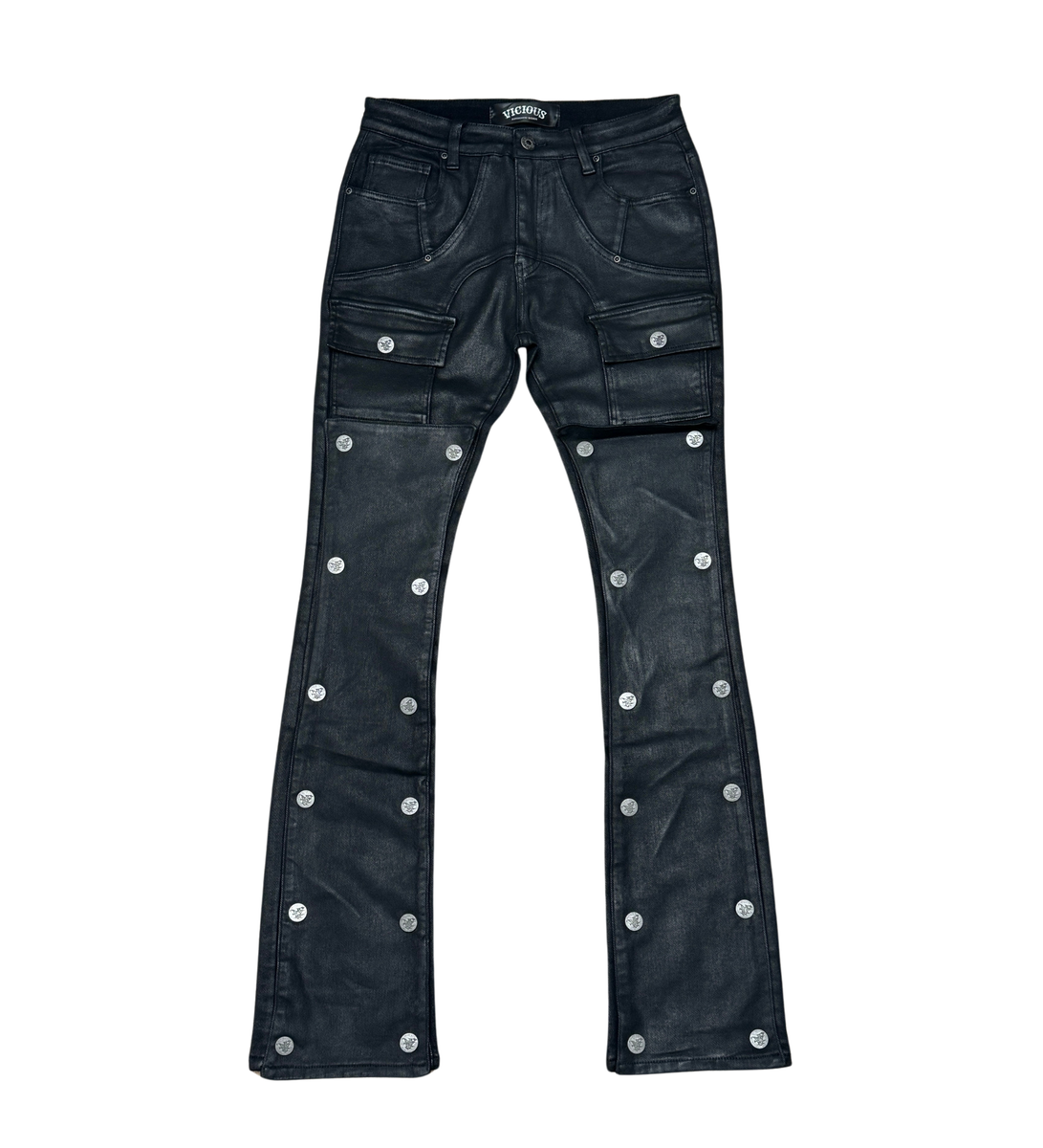 V DENIM - WAX COATED FLARE DENIM W/ DETACHABLE BUTTONS