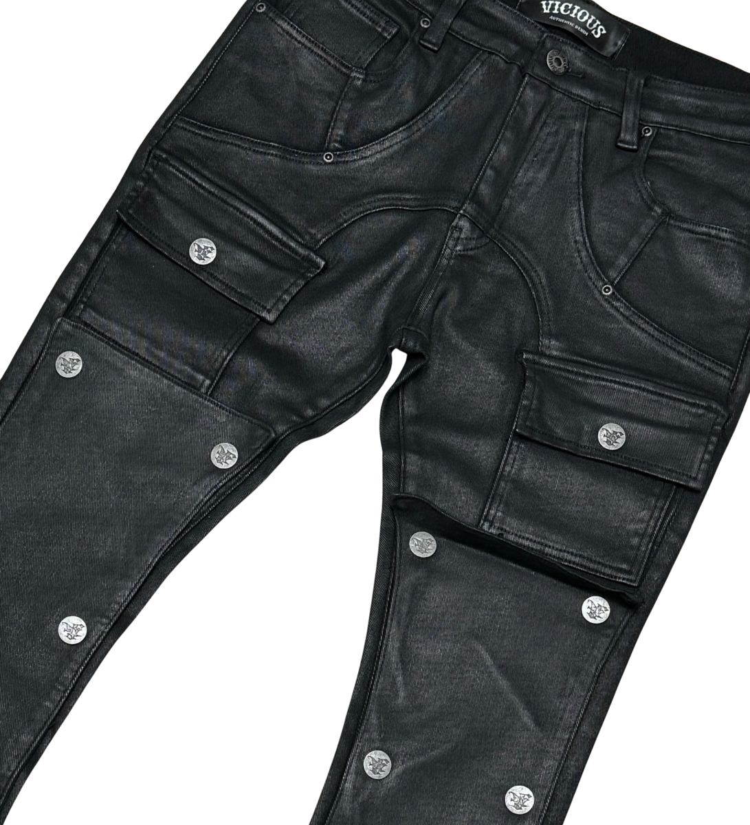 V DENIM - WAX COATED FLARE DENIM W/ DETACHABLE BUTTONS