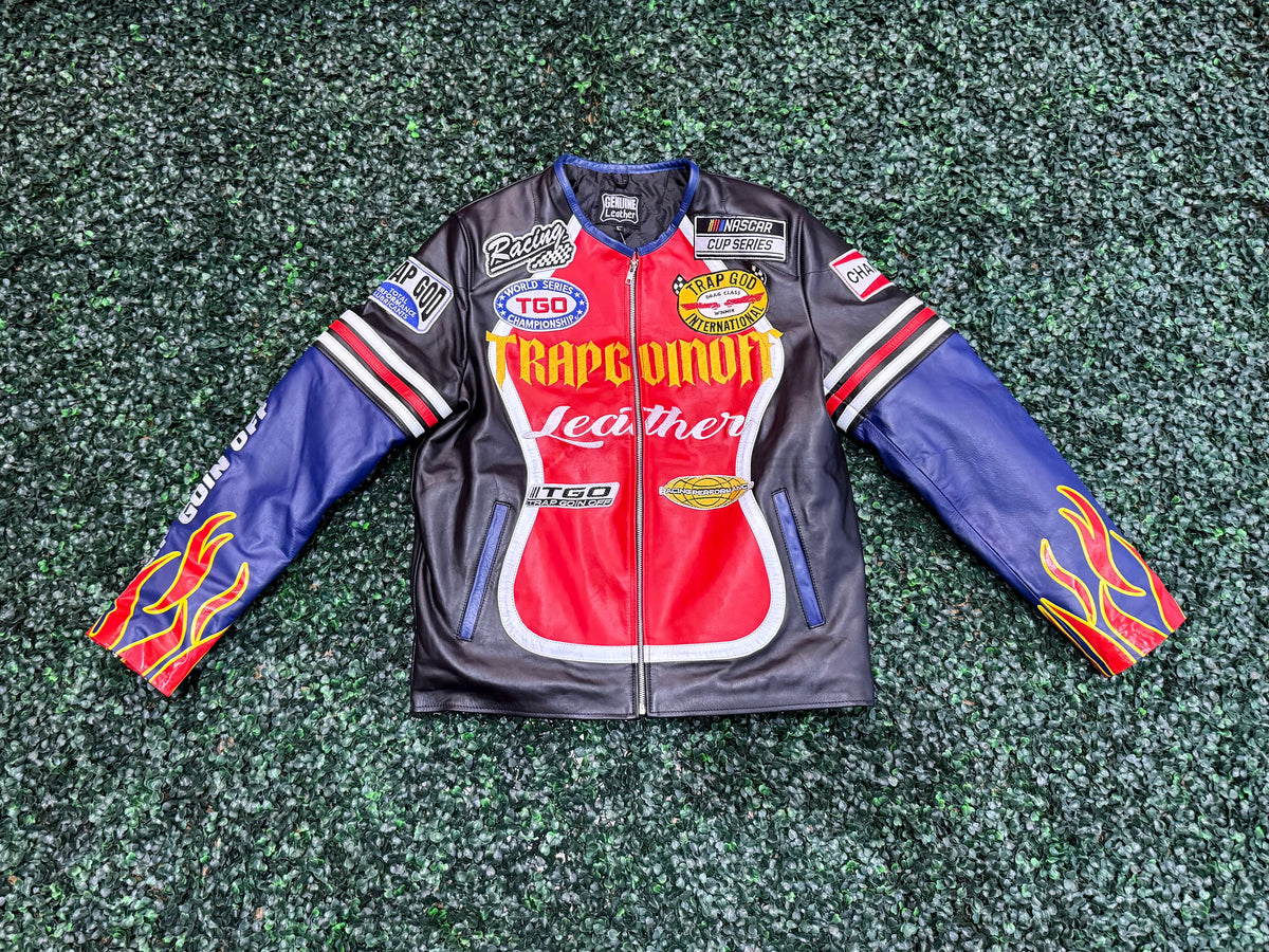 Trap Goin Off Rhinestone Leather Jacket