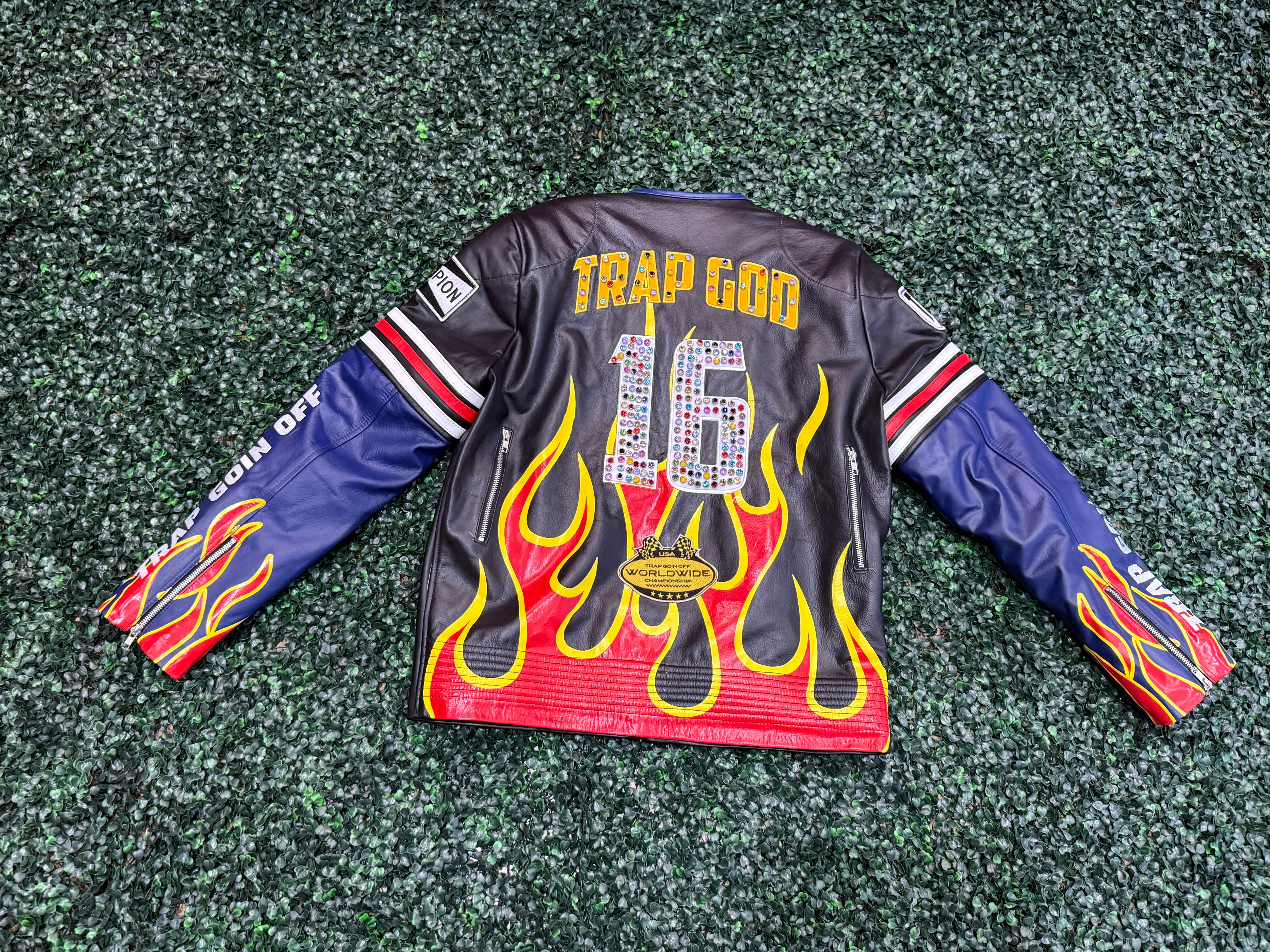 Trap Goin Off Rhinestone Leather Jacket