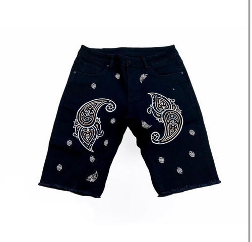 Bandana" Embroidered Denim Shorts - BLACK