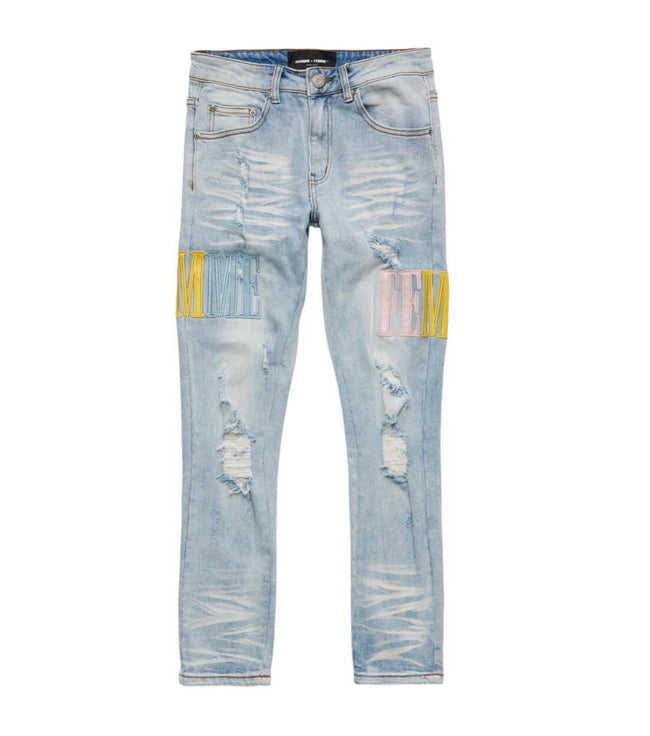HOMME FEMME - Letterman Denim Blue With Yellow, Baby Blue and Pink