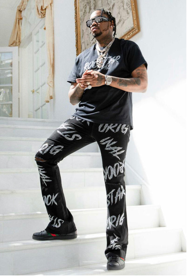ROCKSTAR - CATO GRAPHIC STACKED FLARE JEAN - BLACK