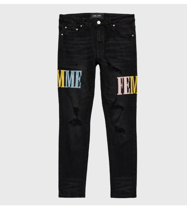 HOMME FEMME - Letterman Denim Black With Pink, Baby Blue and Yellow